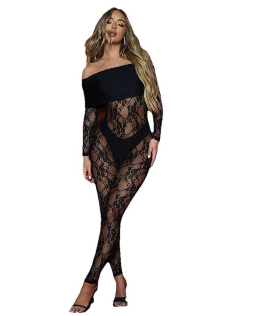 Missguided Black Lace Jumpsuit Medium Bardot Off Shoulder Sheer Stretch Party